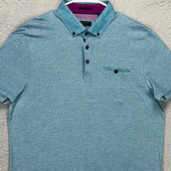 Ted Baker Adult Mens Polo Shirt 5 Medium Teal Stripes Short Sleeve Pocket Rugby